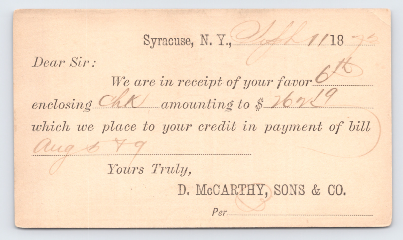 1875 D. McCarthy Sons & Co. Postal Card Syracuse NY Senator Receipt
