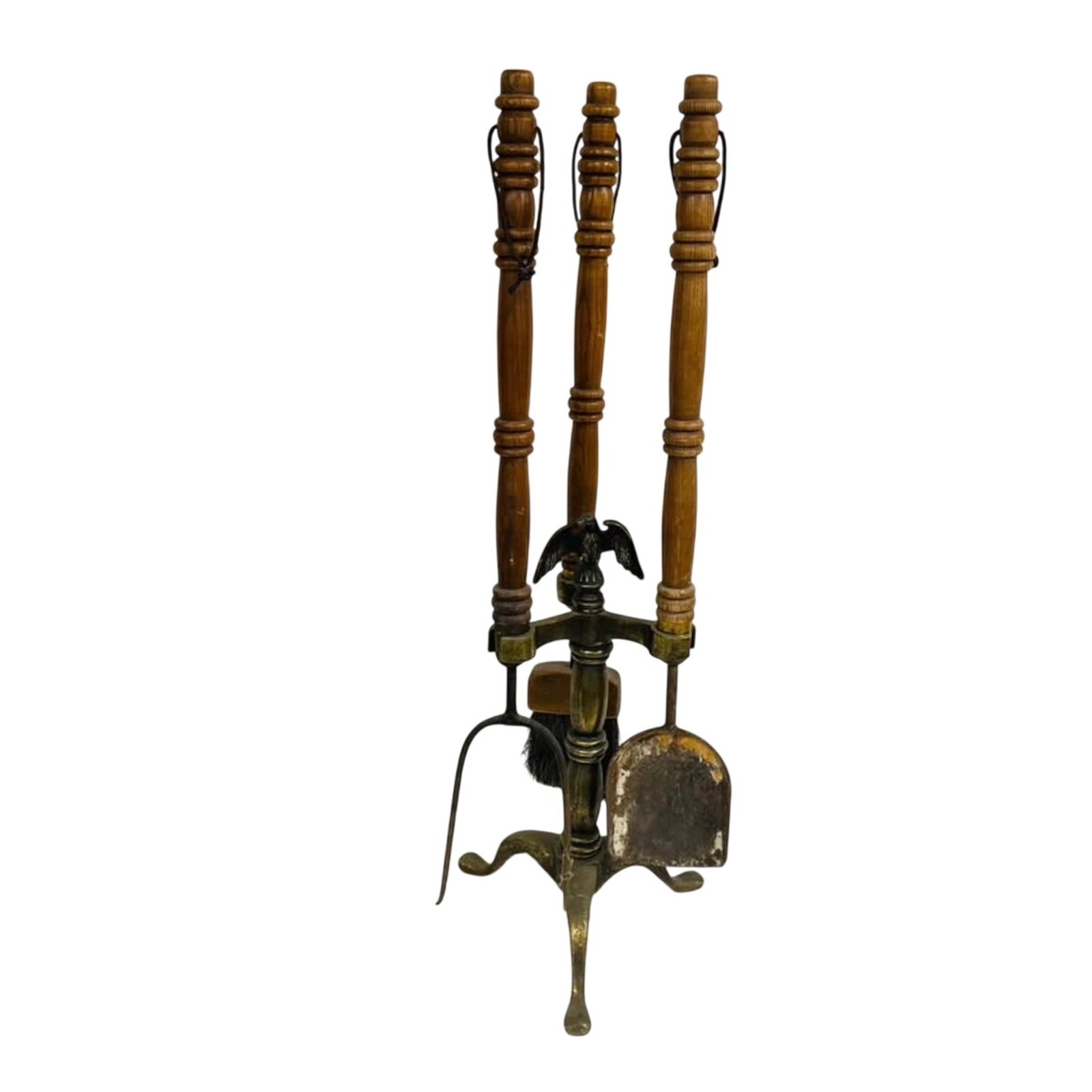 VTG MCM Seymour? Fireplace Tools Set Iron Wood Brass Danish Modern 3 Piece Eagle