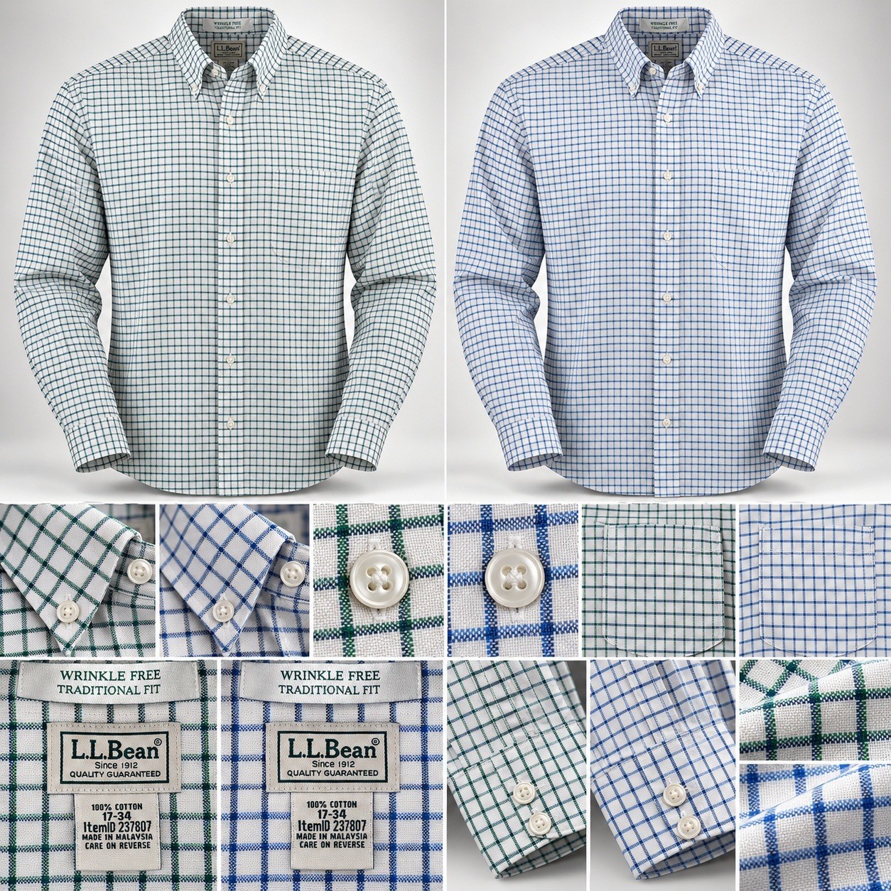 L.L.Bean 2 Shirts Bundle Men 17-34 Green Blue Check Traditional Fit Wrinkle Free