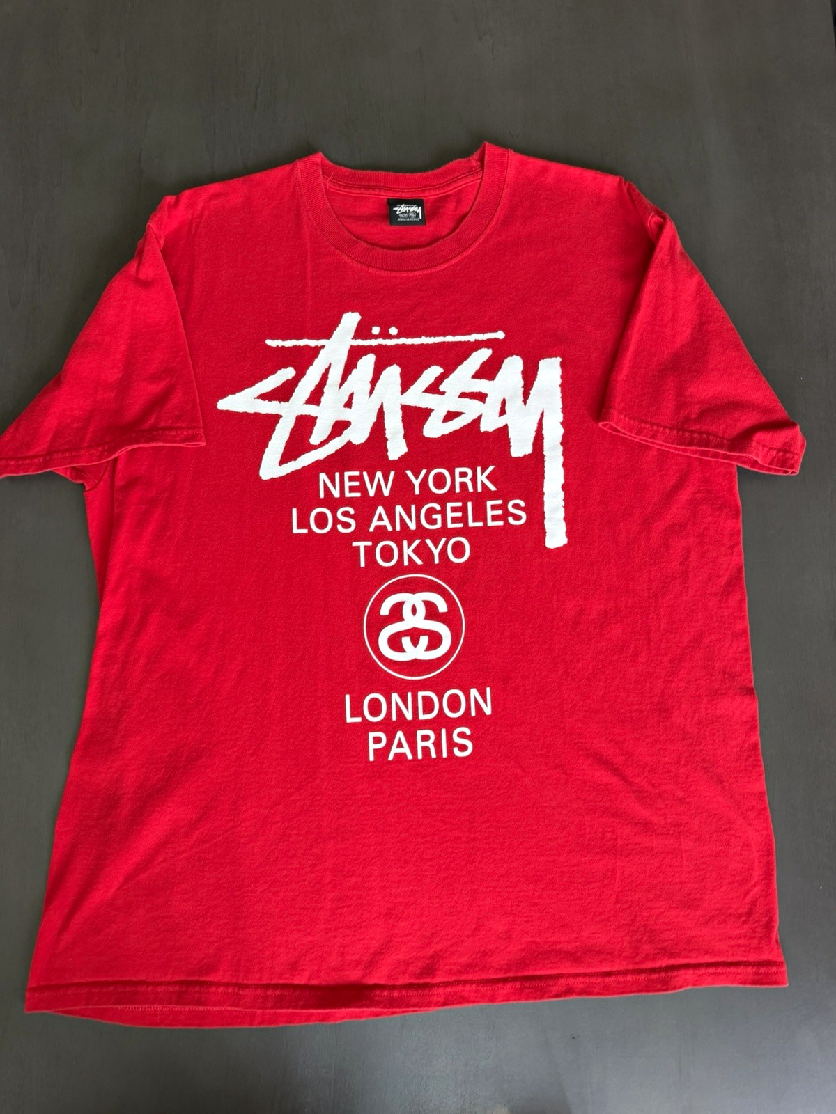 Stussy Men’s World Tour Red Graphic Short Sleeve T-Shirt Size XL