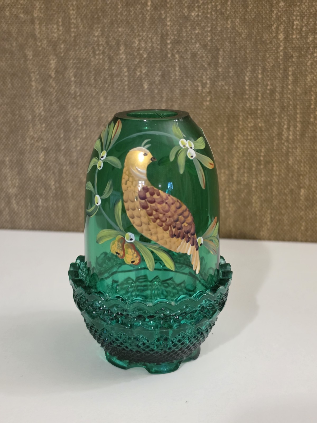 Fenton FAIRY Light*Partridge In A Pear Tree*Emerald Green Hand Painted 4.5 Fenton FAIRY Light*Partridge In A Pear Tree*Emerald Green Hand Painted 4.5
