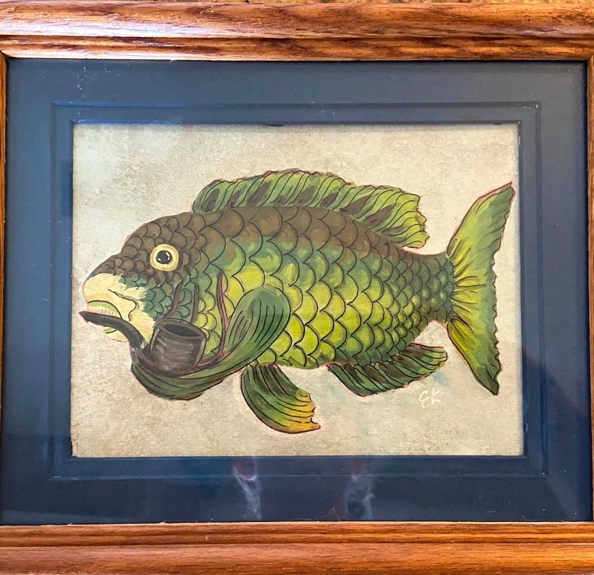 EK signed folk art fish and smoking pipe framed original painting. EK signed folk art fish and smoking pipe framed original painting.