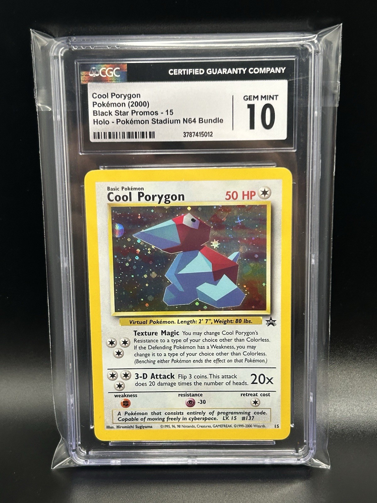 2000 COOL PORYGON #15 Holo Pokemon Stadium N64 Black Star Promo CGC 10 RARE 2000 COOL PORYGON #15 Holo Pokemon Stadium N64 Black Star Promo CGC 10 RARE