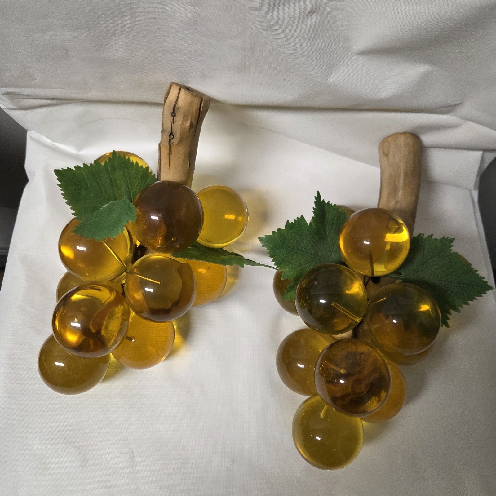 Vintage Pair MCM Amber Lucite Cluster Of Grapes Wood Stems Vintage Pair MCM Amber Lucite Cluster Of Grapes Wood Stems