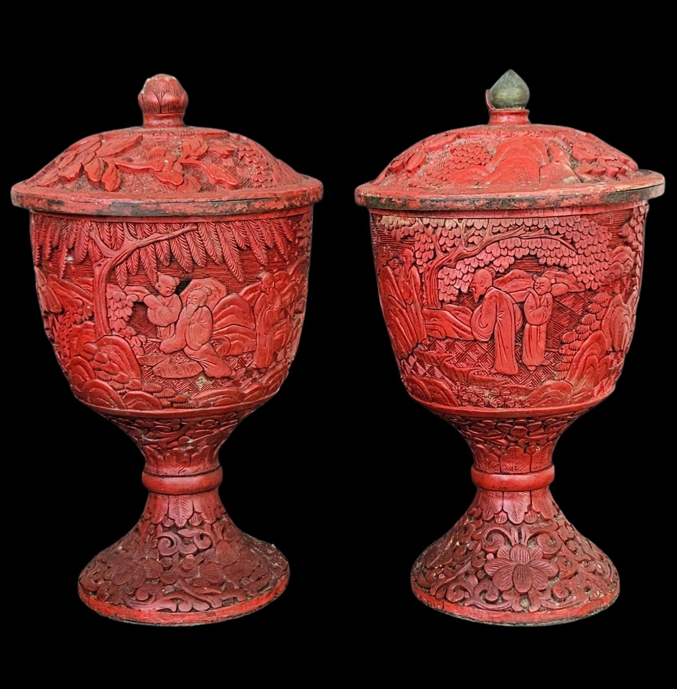 Antique Qing dinasty Chinese Carved Cinnabar Lacquer Covered Goblets on Copper