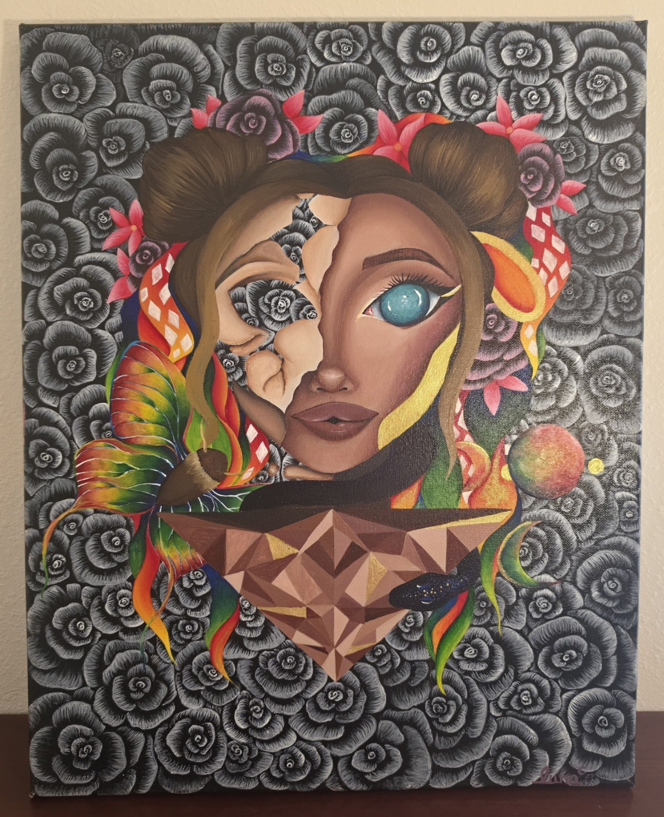 Original Surrealist Painting 16x20 Canvas Signed Female Portrait Pop Art OOAK
