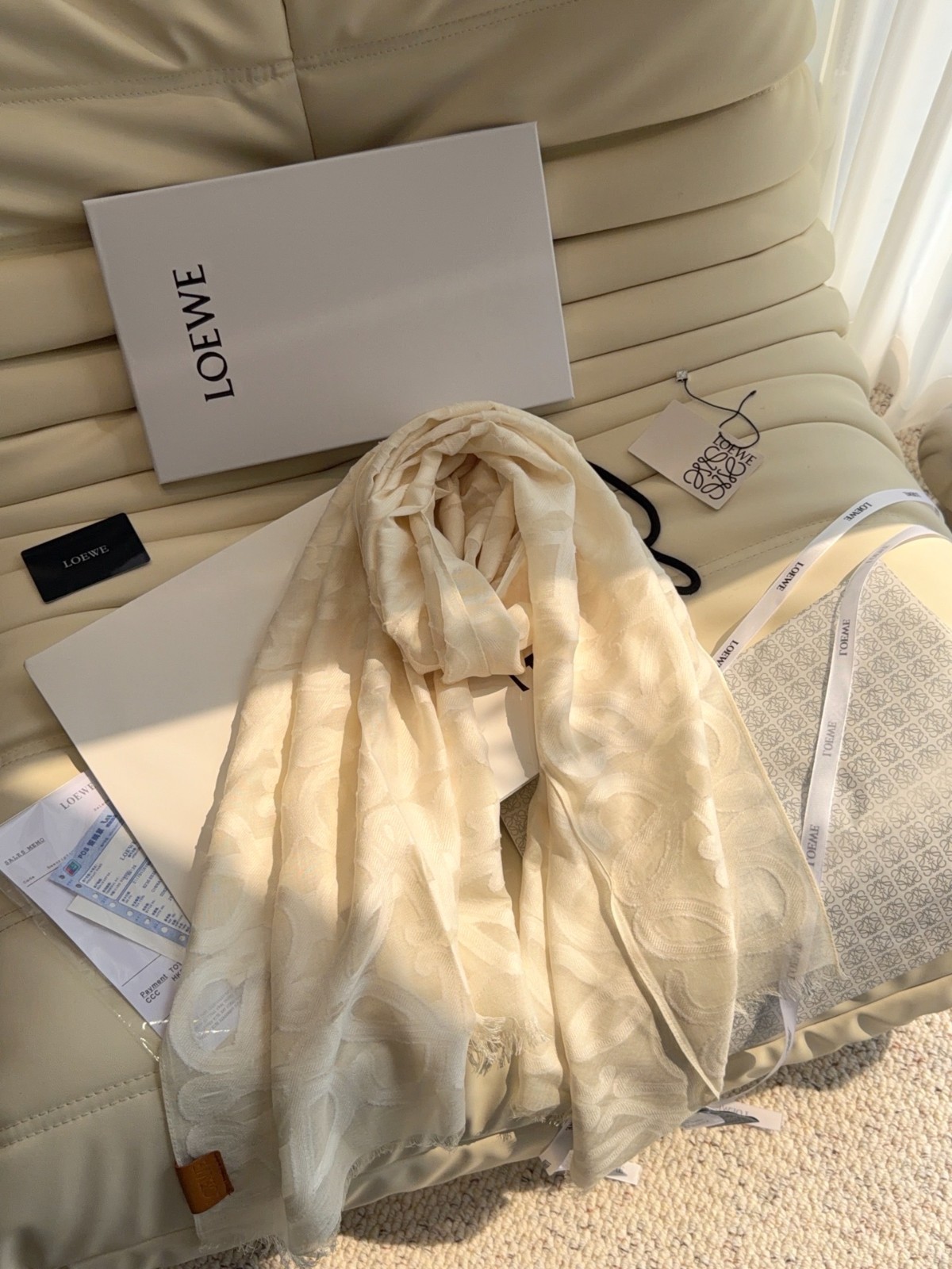 LOEWE Anagram Wool Cotton Silk Scarf Shawl Cream Fringe 65x180cm LOEWE Anagram Wool Cotton Silk Scarf Shawl Cream Fringe 65x180cm