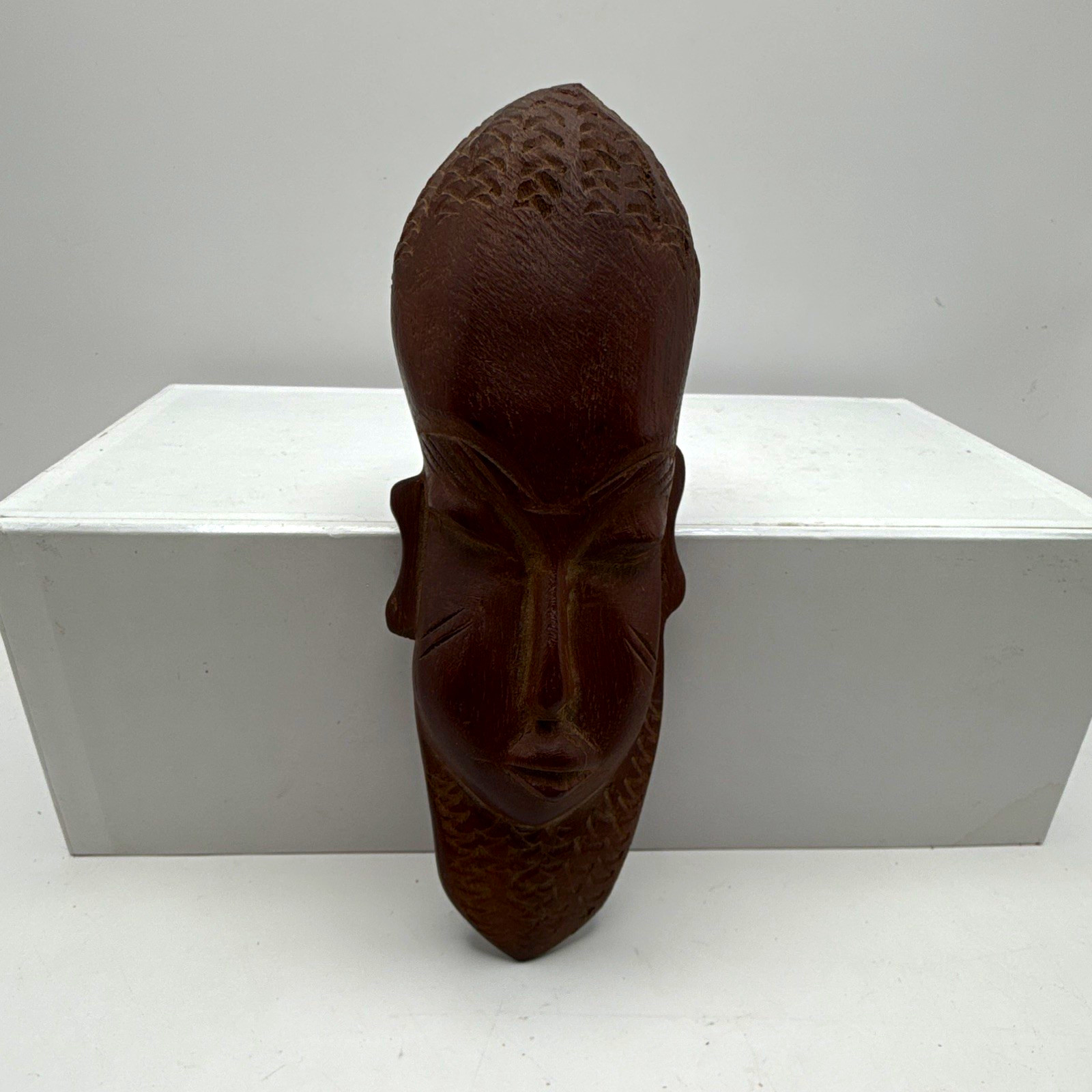 Vintage Hand-Carved Wood Tribal Mask Sculptural Wall Decor Mid-Century Folk Art