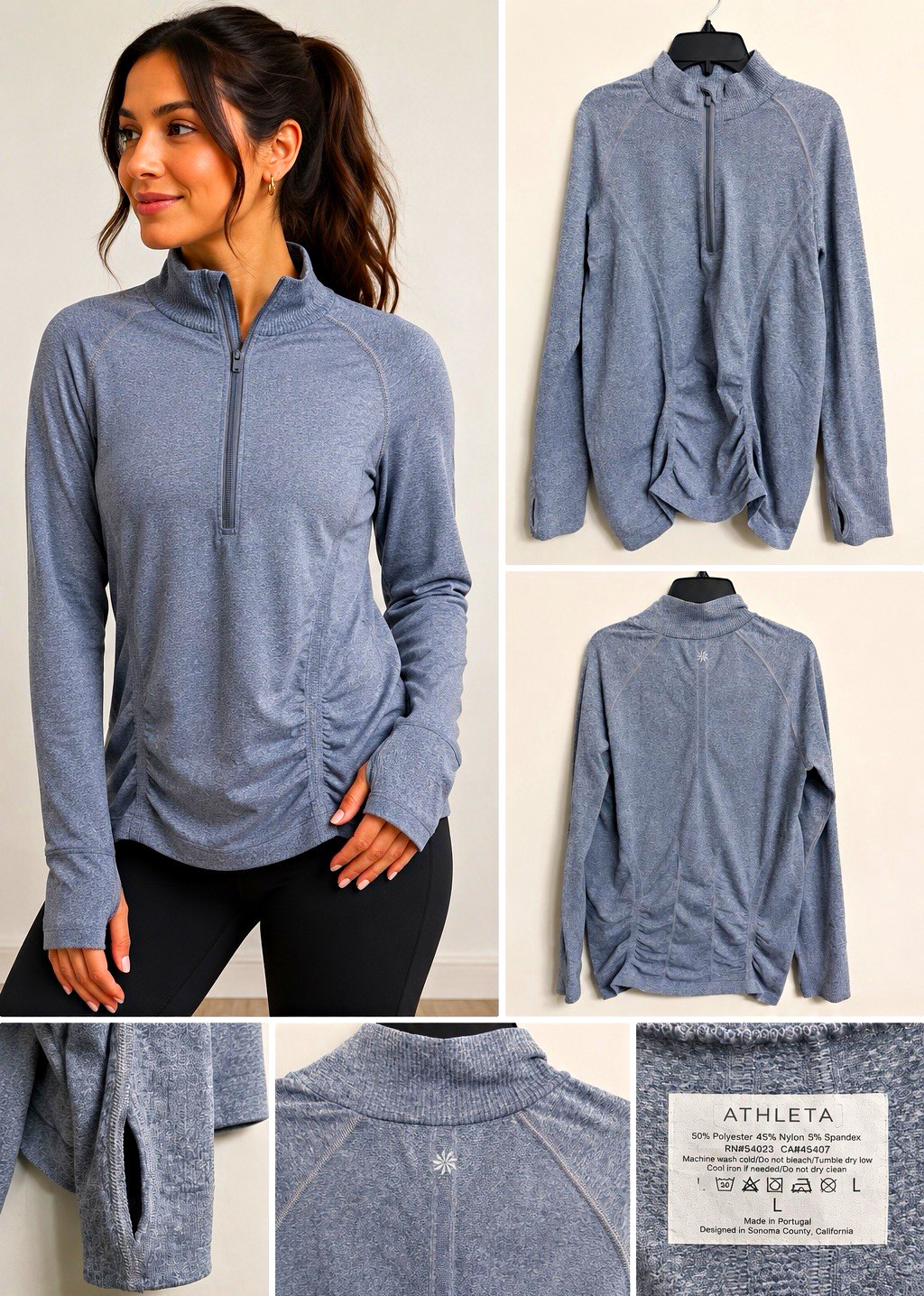 Athleta Women’s Gray Quarter Zip Athletic Pullover Thumbhole Long Sleeve Top L Athleta Women’s Gray Quarter Zip Athletic Pullover Thumbhole Long Sleeve Top L