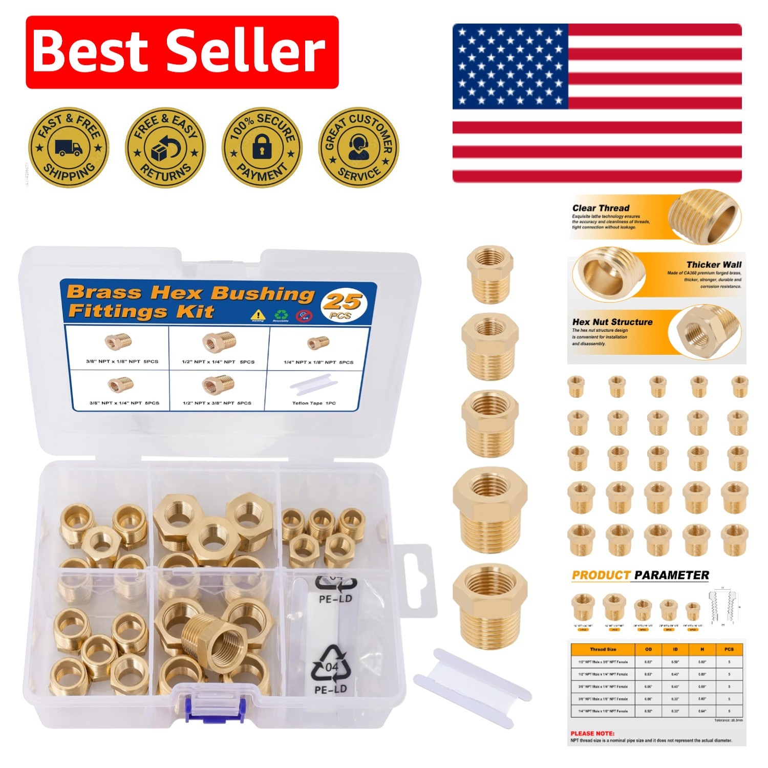 25PCS Assorted Brass Hex Bushings - Superior Pipe Fittings with Enhanced Sealing