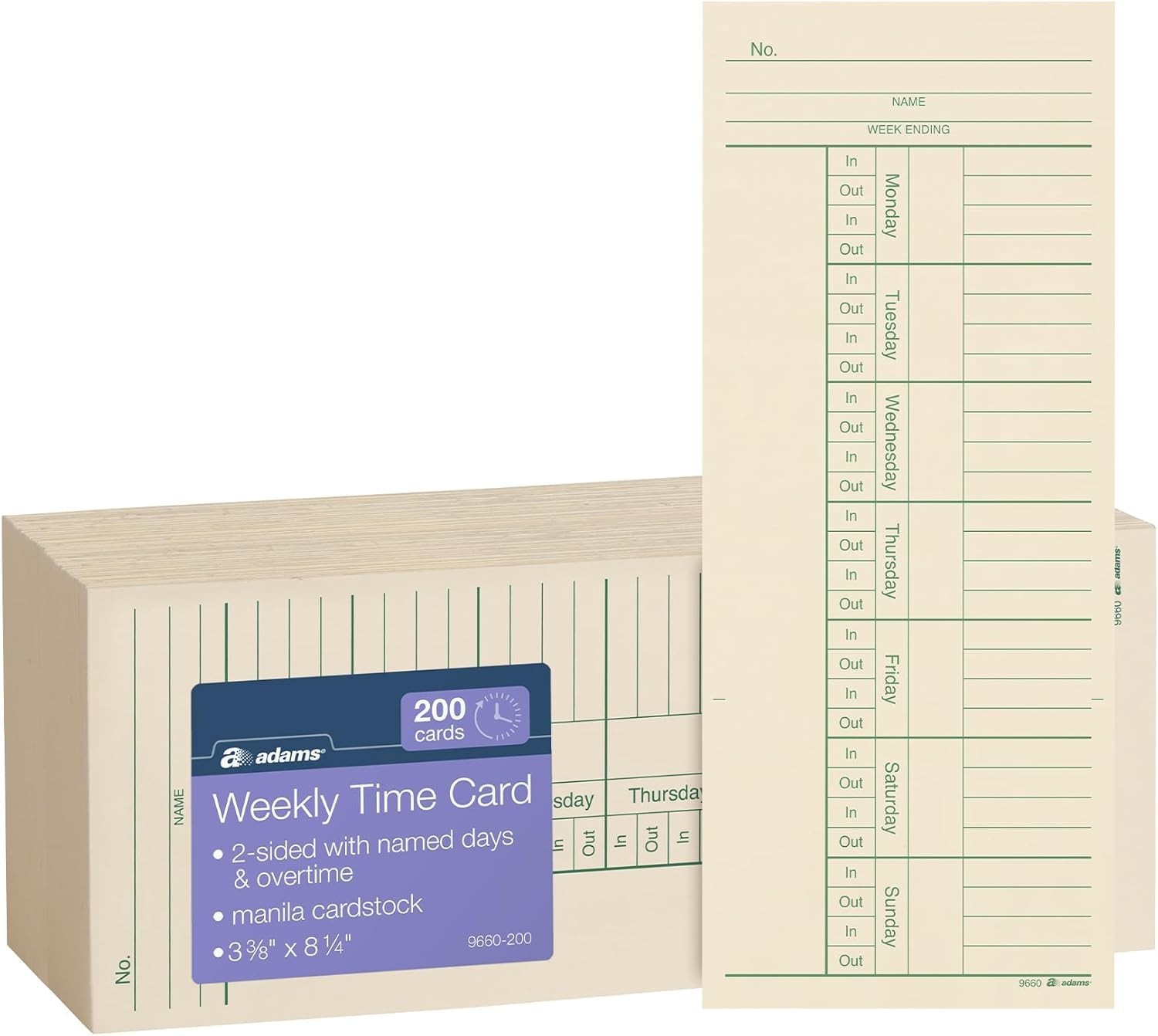 Adams Time Cards, Weekly, 2-Sided, Overtime Format, 3-3/8 Adams Time Cards, Weekly, 2-Sided, Overtime Format, 3-3/8