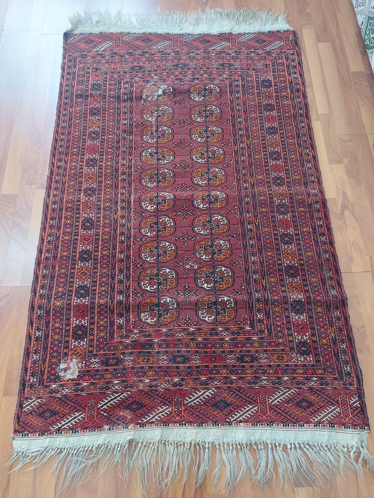 Old Antique Fragment Turkoman Rug, Damaged Handmade Rug Caucasian Natural Decor