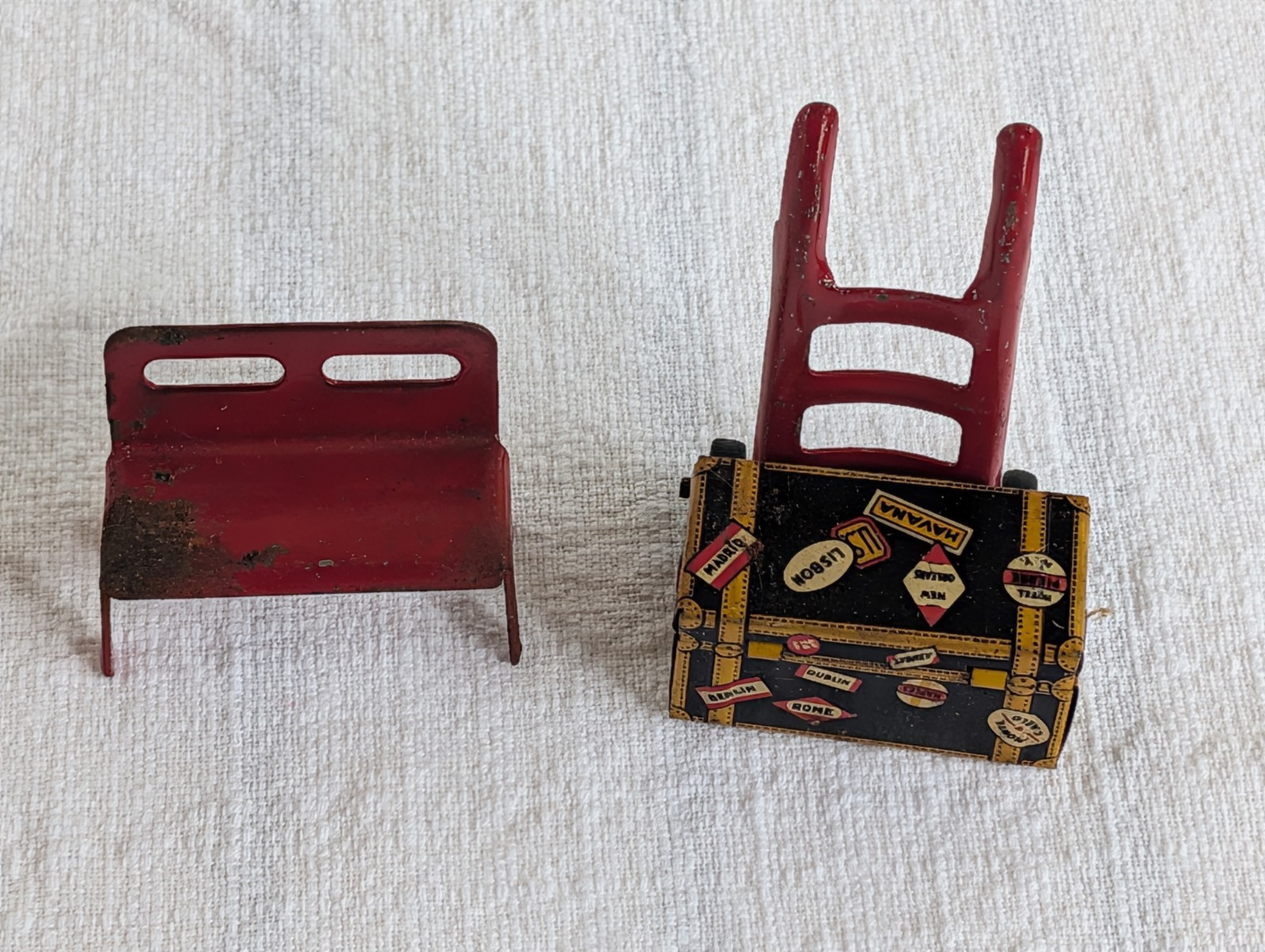 1930 Vintage Marx Tin Litho Set Travel Steamer Toy Trunk Luggage, Dolly & Bench 1930 Vintage Marx Tin Litho Set Travel Steamer Toy Trunk Luggage, Dolly & Bench