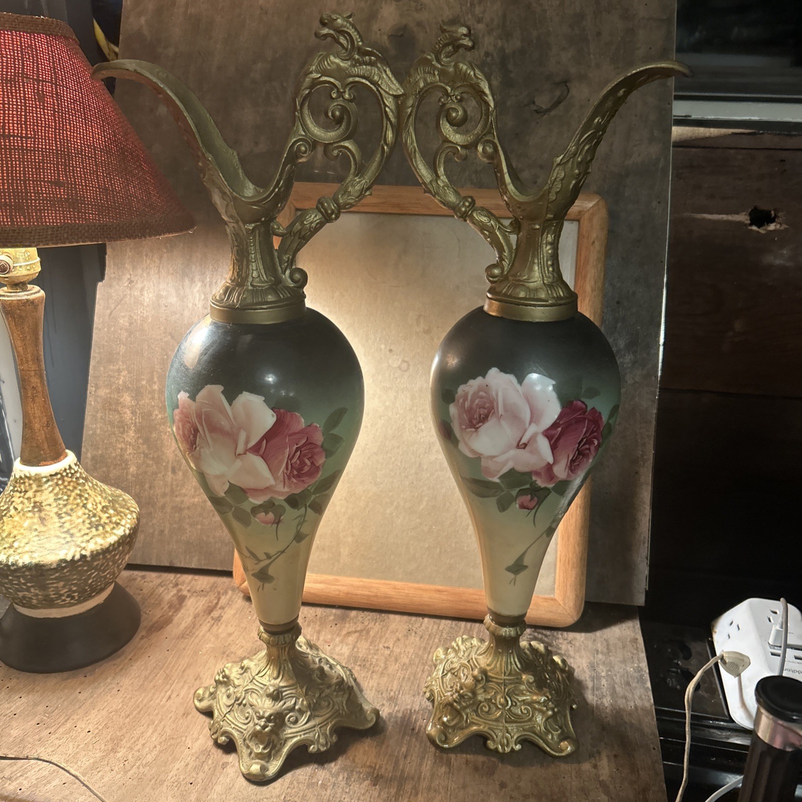 Antique PAIR  Victorian Mantle Ewers Hand Painted Satin Glass North Wind Spelter