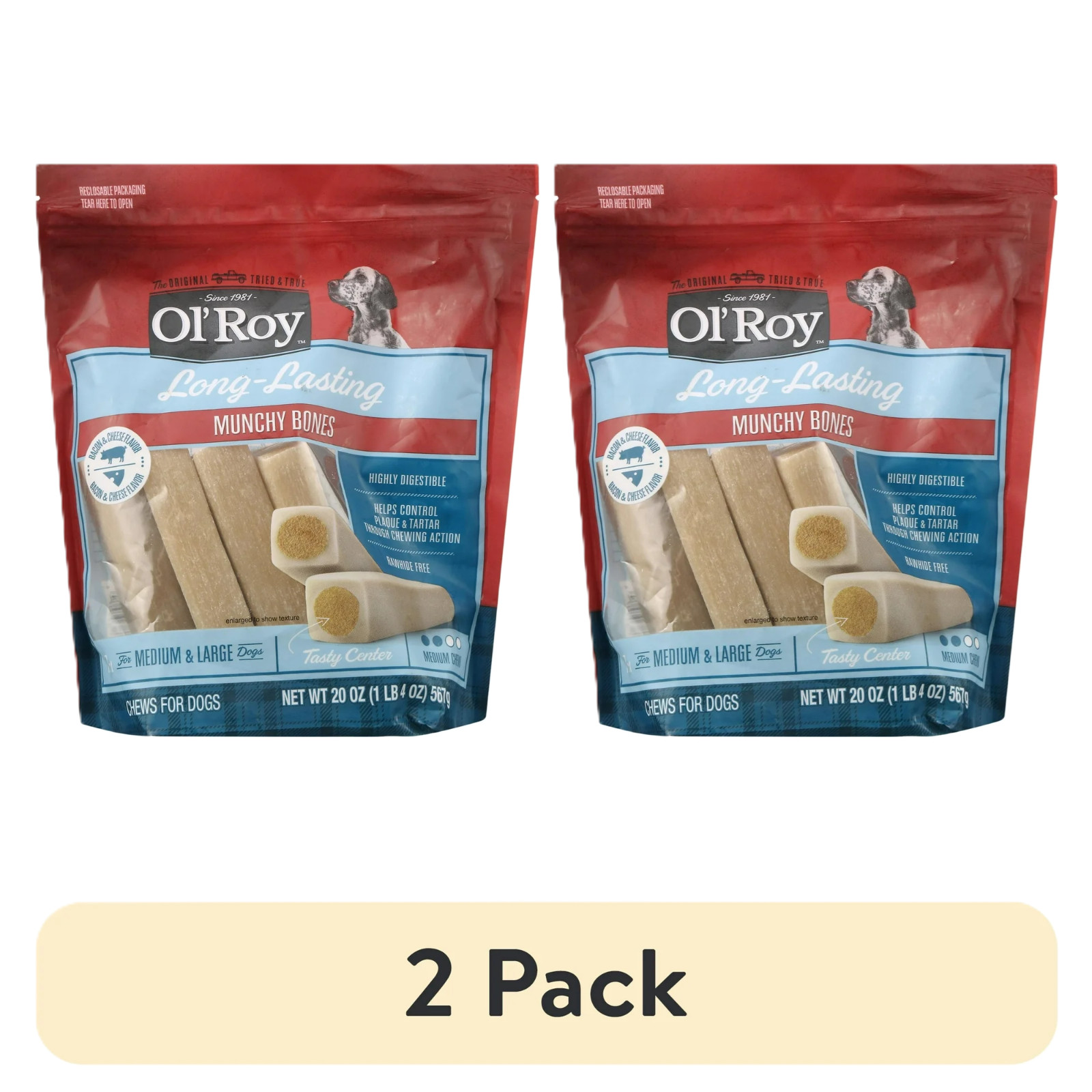 (2 pack) Ol\' Roy Munchy Bone Dog Treats, Bacon and Cheese Flavor, 20 oz, 7 Count