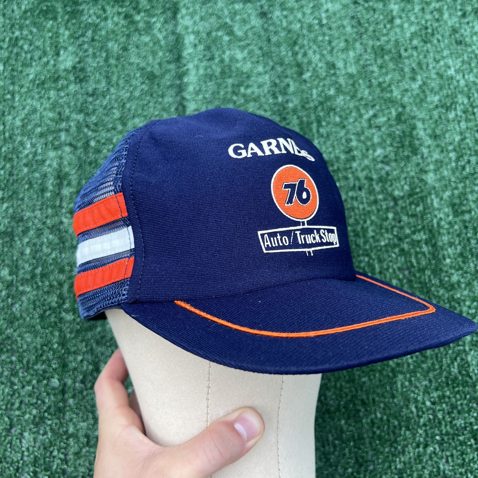 VTG Garner\'s Union 76 Gasoline Truck Stop Ohio 3 Stripe Trucker Hat Snapback 80s VTG Garner\'s Union 76 Gasoline Truck Stop Ohio 3 Stripe Trucker Hat Snapback 80s