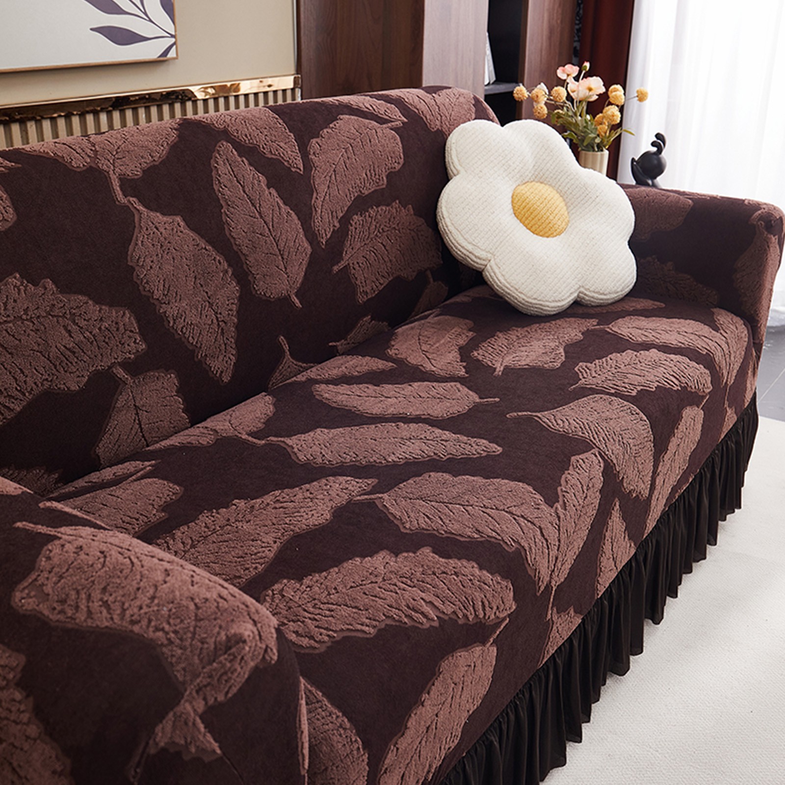 1/2/3/4 Seater Jaquard Sofa Cover w/ Skirt High Stretch Couch Protector Non Slip