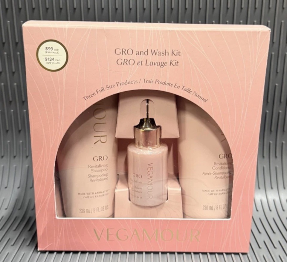 Brand New Vegamour GRO and Wash Hair Kit Shampoo Conditioner & serum Full Size