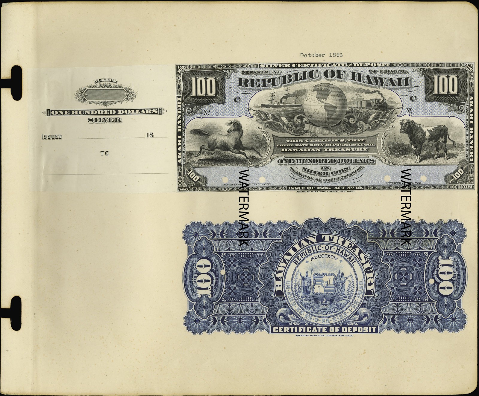 $100 Hawaii Hawaiian Islands Silver Note Currency Face Back Proof Page REPRO