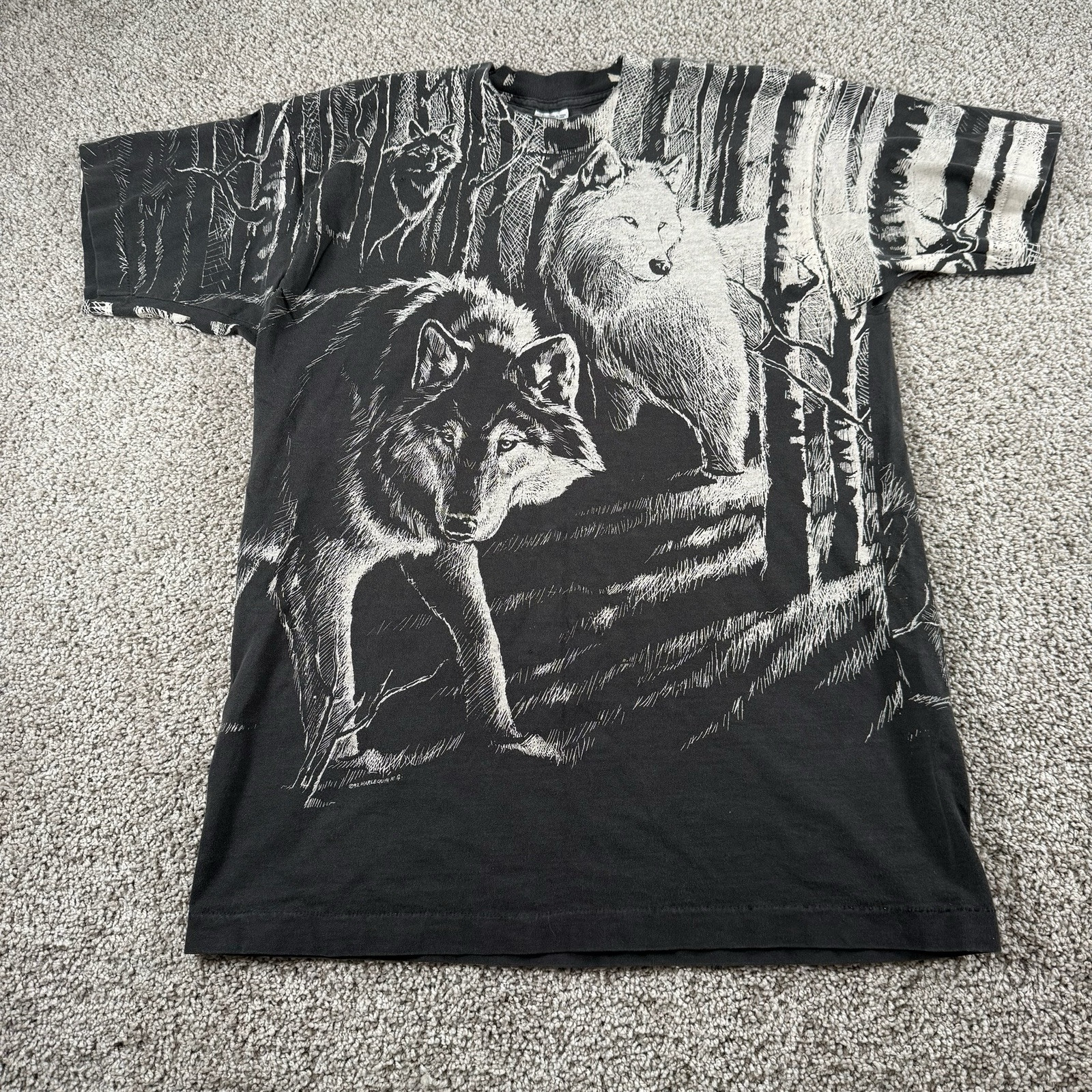 Vtg 90s Wolf Pack All Over Print AOP Single Stitch T-Shirt Large 1992 Harlequin