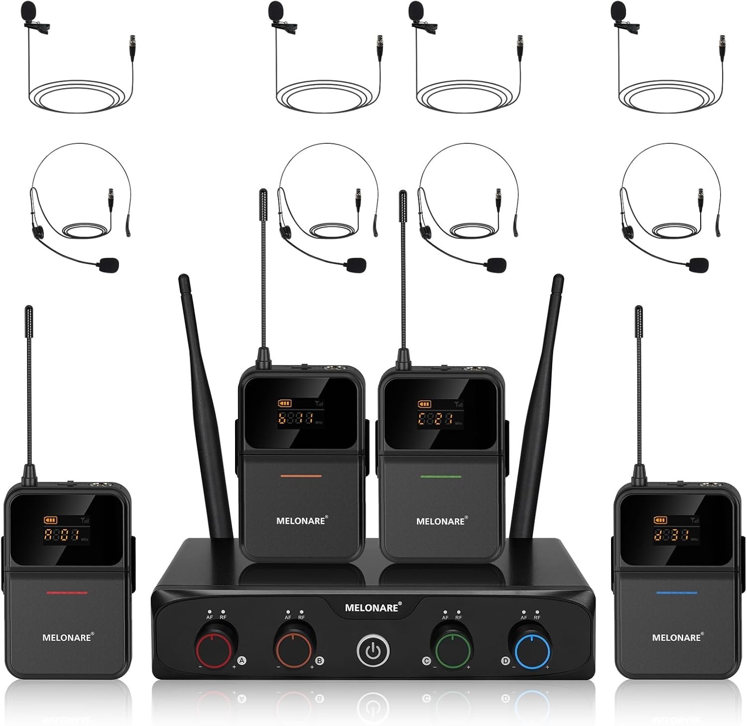 MELONARE 4-Channel Wireless Microphone System UHF 4 Bodypack Mics In Black MELONARE 4-Channel Wireless Microphone System UHF 4 Bodypack Mics In Black