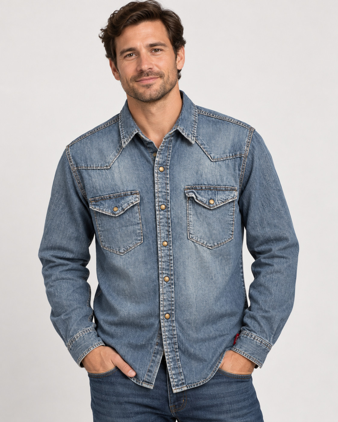 WRANGLER Men\'s Denim Western Shirt Large Blue Snap Button Long Sleeve WRANGLER Men\'s Denim Western Shirt Large Blue Snap Button Long Sleeve