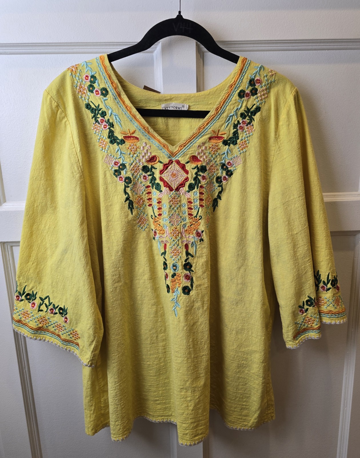 YZXDORWJ Women\'s Boho Yellow Top Colorful Embroidery 3/4 Sleeve SZ 3XL
