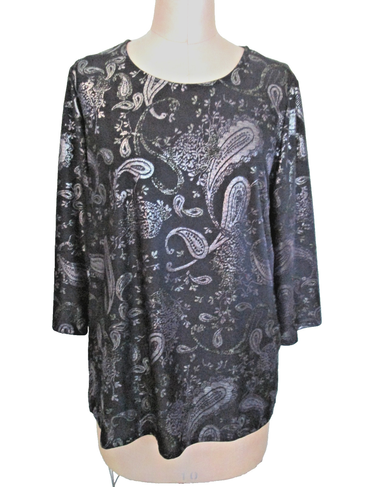 CHICOS EASYWEAR PURPLE/SILVER FOIL 3/4 SLV P/O SZ 2 (L) EXC COND ALL SEASONS