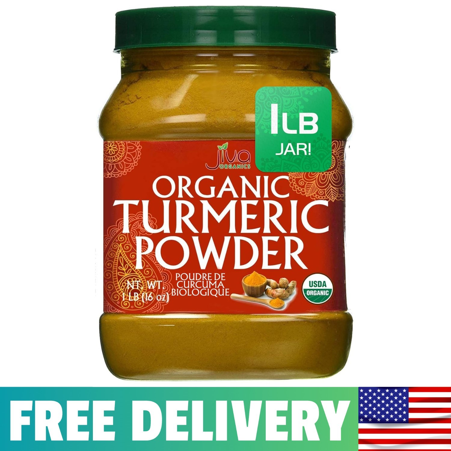 Organic Turmeric Powder 1 Pound Jar by Jiva Organics - 1 (Pack of 1) Organic Turmeric Powder 1 Pound Jar by Jiva Organics - 1 (Pack of 1)