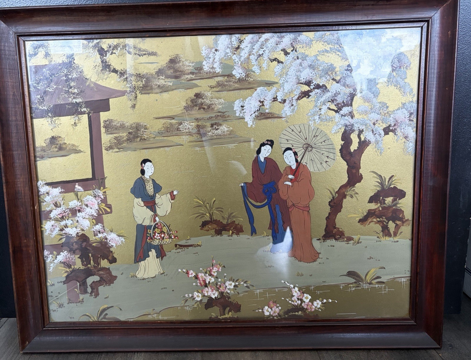 Vintage Japanese Silk Fabric Art Framed Geisha Cherry Blossom Garden Large 24x30 Vintage Japanese Silk Fabric Art Framed Geisha Cherry Blossom Garden Large 24x30