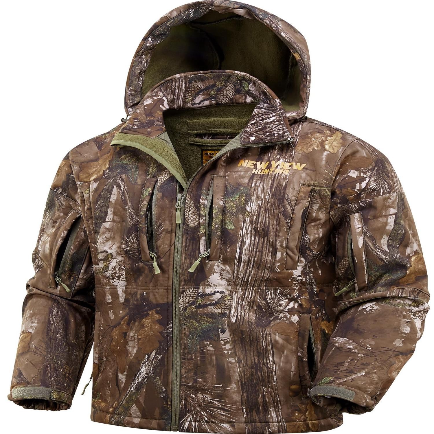 NEW VIEW Men\'s Camo Hunting Jacket Fleece Lined Hooded Quiet Water Resistant NEW VIEW Men\'s Camo Hunting Jacket Fleece Lined Hooded Quiet Water Resistant