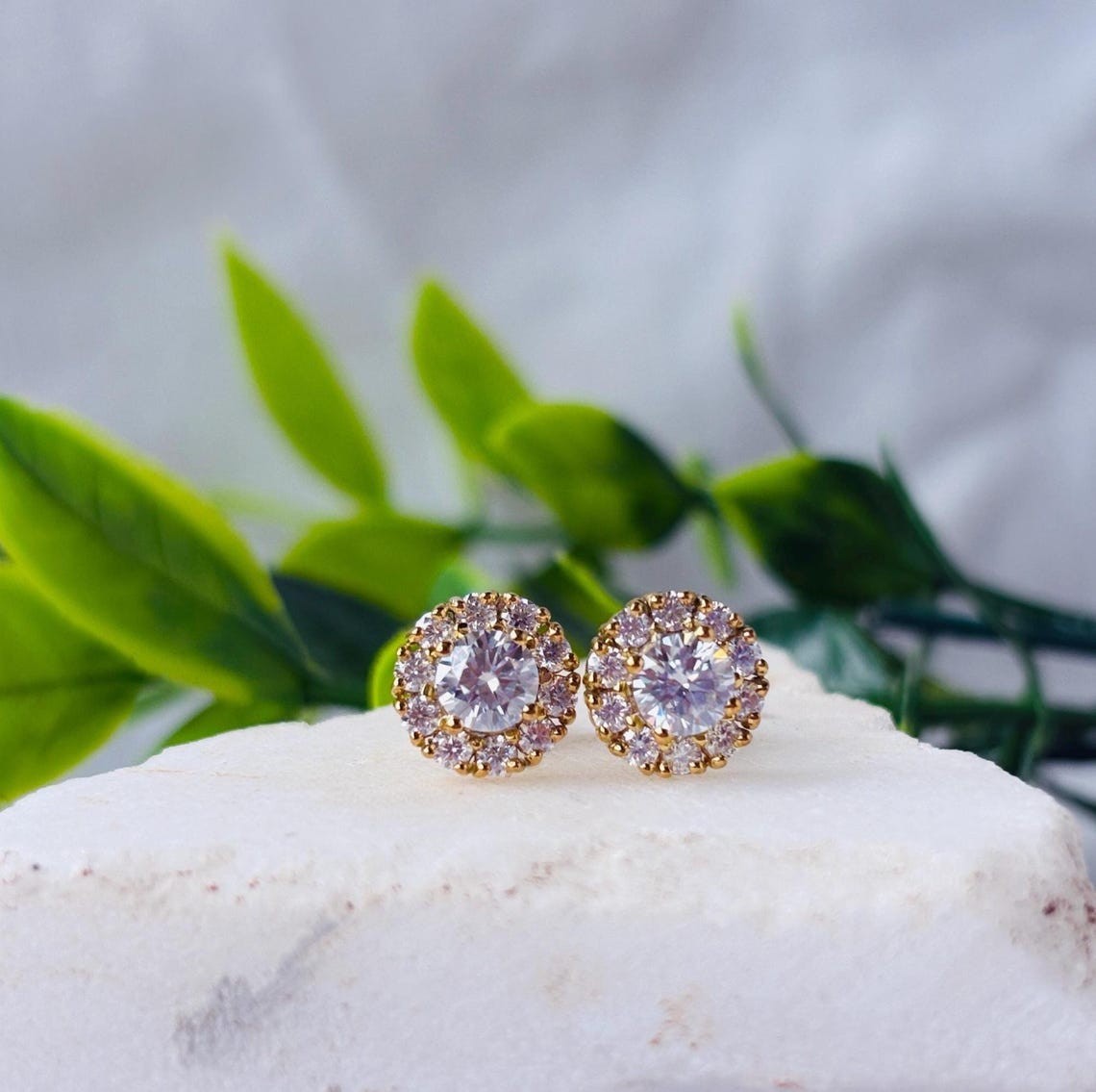 1.70 Ct Round Cut Natural HPHT Diamond Halo Stud Earrings 925 Silver 14K Gold
