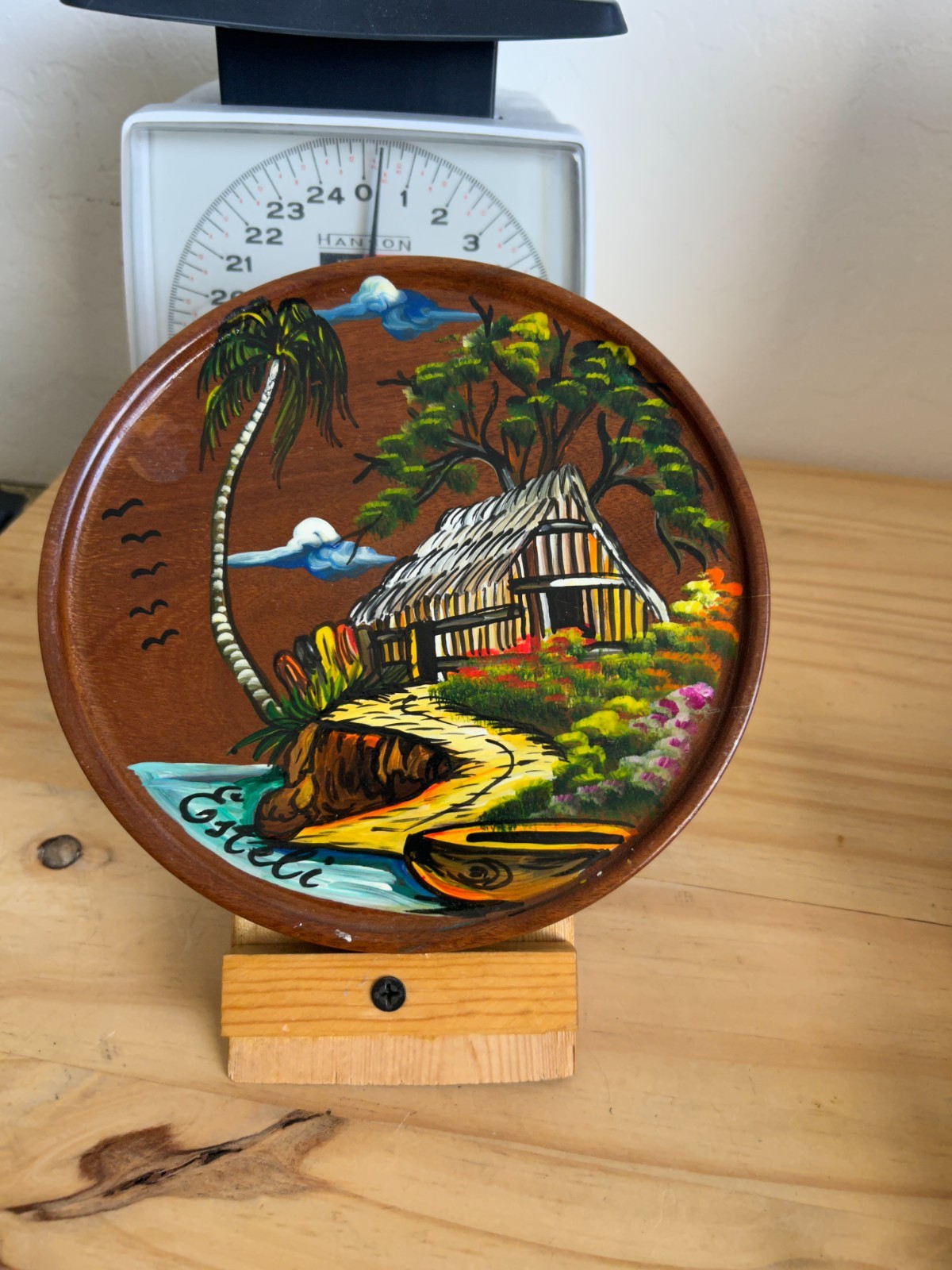 Vintage Nicaragua Souvenir Oil Painting On Wood Plate Folk Art 7” Wall Decor