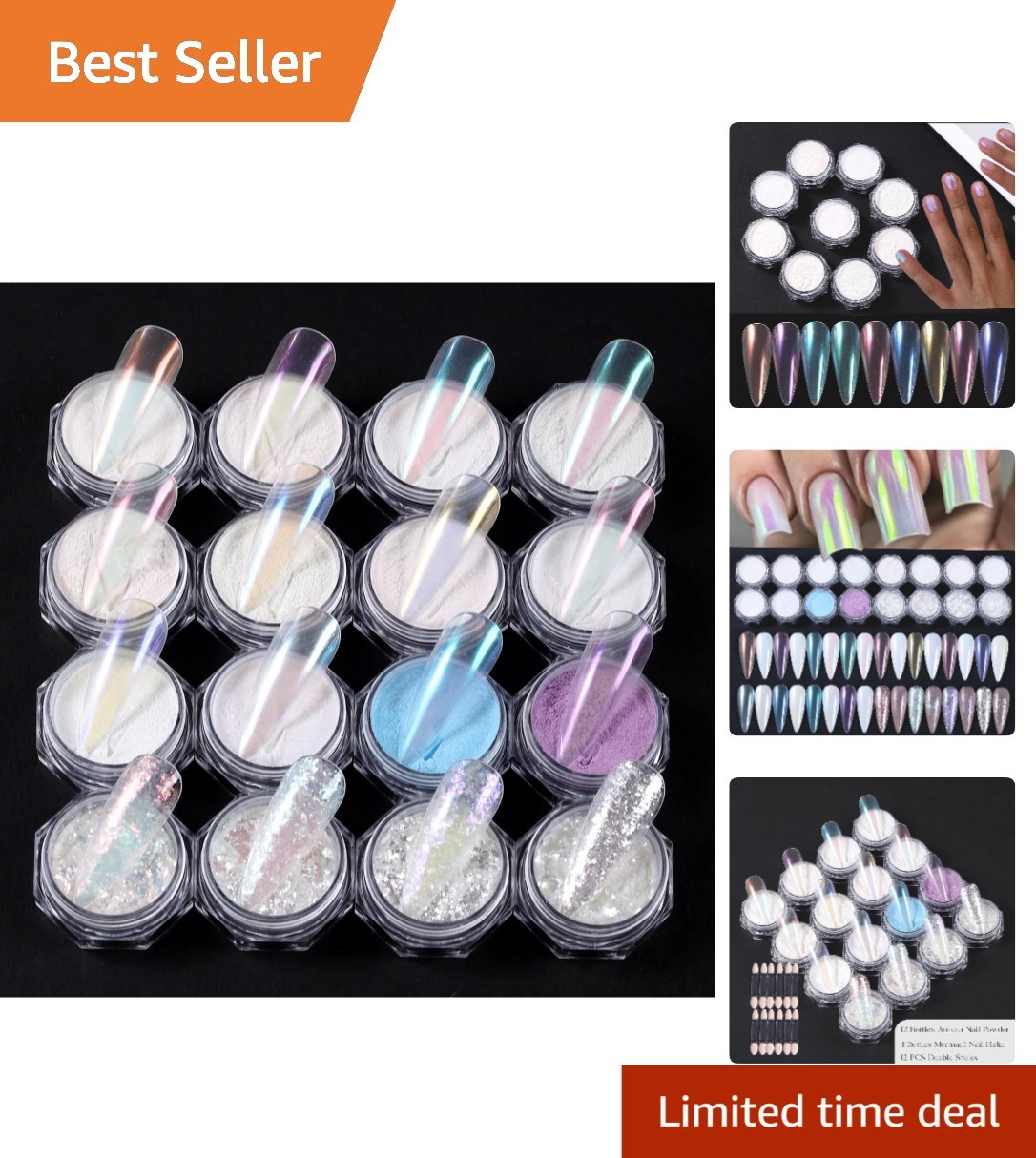 Complete 16-Piece Aurora Nail Powder Kit with Iridescent Glitter for Salon Style