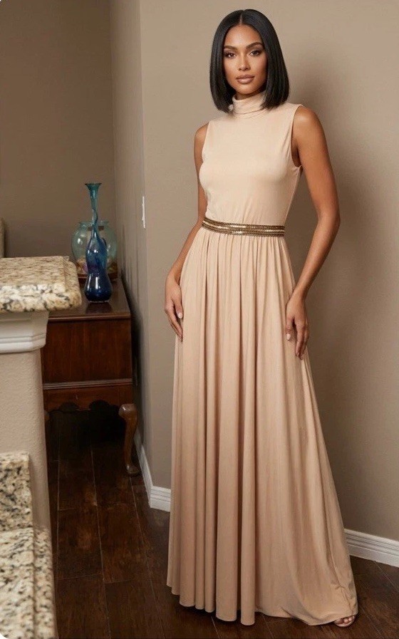 Vintage 60s VICTORIA ROYAL Ivory Jersey Gown S Mock Neck Sequined Belt Old Money