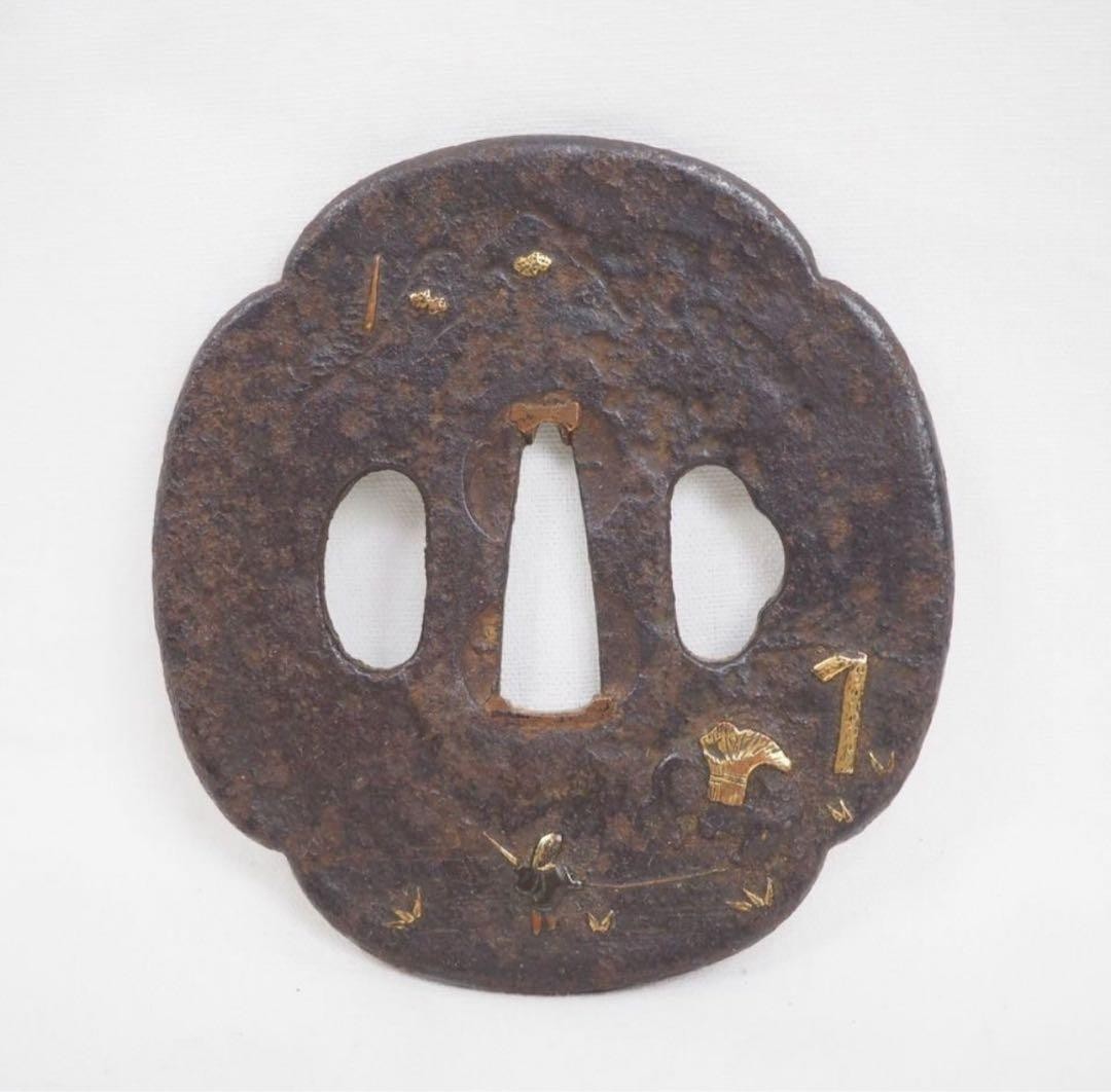 Antique Japanese Metal Tsuba Unsigned Edo Period Zogan Inlay Ox Sword Guard