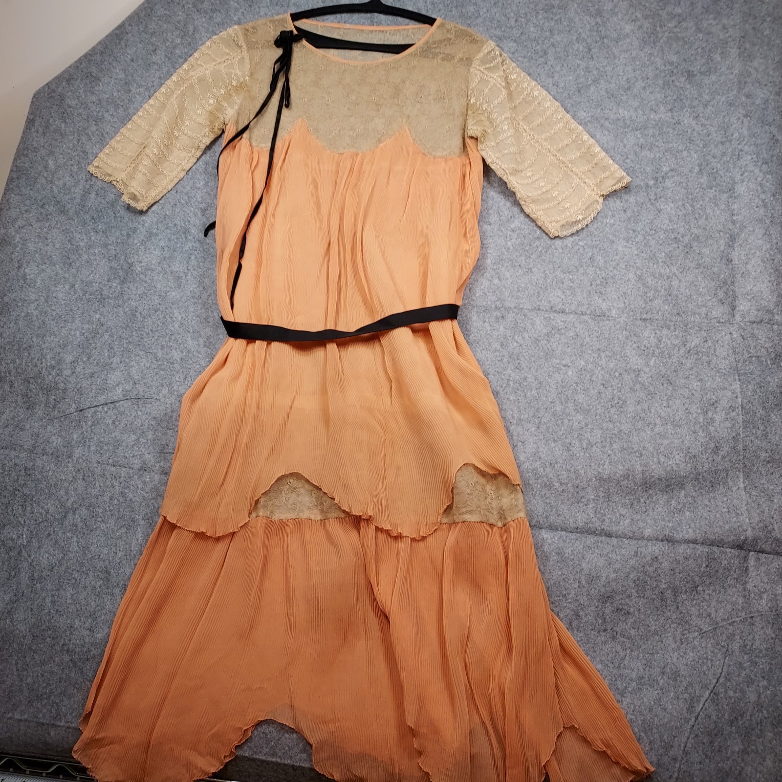 Authentic 1910s Flapper Dress Lace Chiffon Peach Sash Titanic Era True Vintage