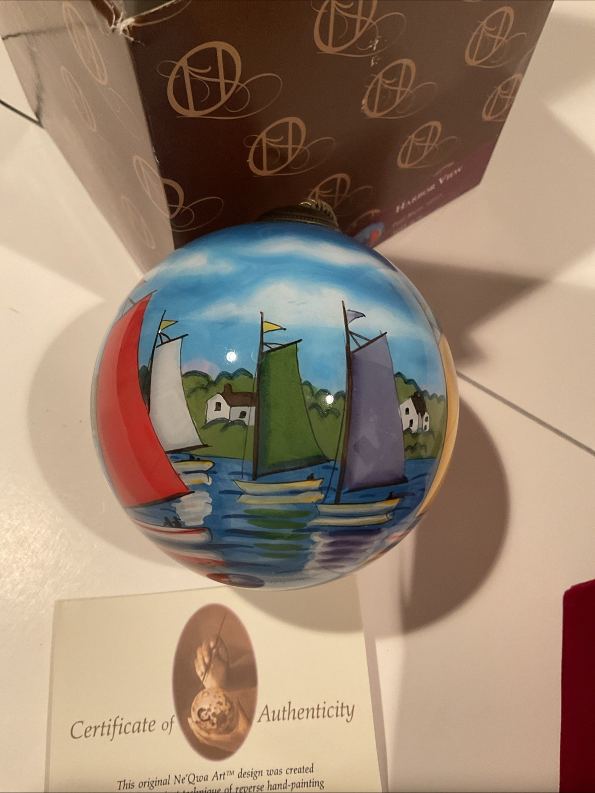 Ne' Qwa Sailboats Christmas Ornament Reverse Hand Painted Paul Brent Harbor View