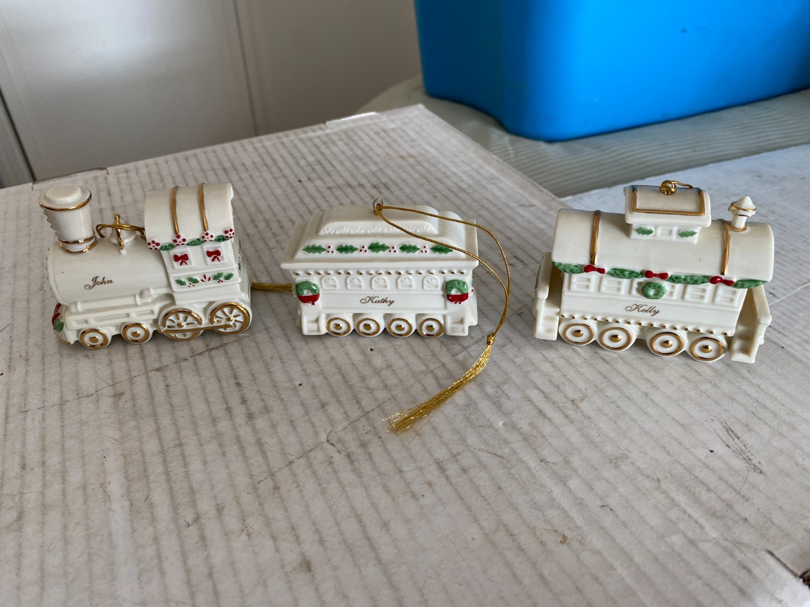 (3) 2000 Lenox fine ivory china train ornaments (3) 2000 Lenox fine ivory china train ornaments