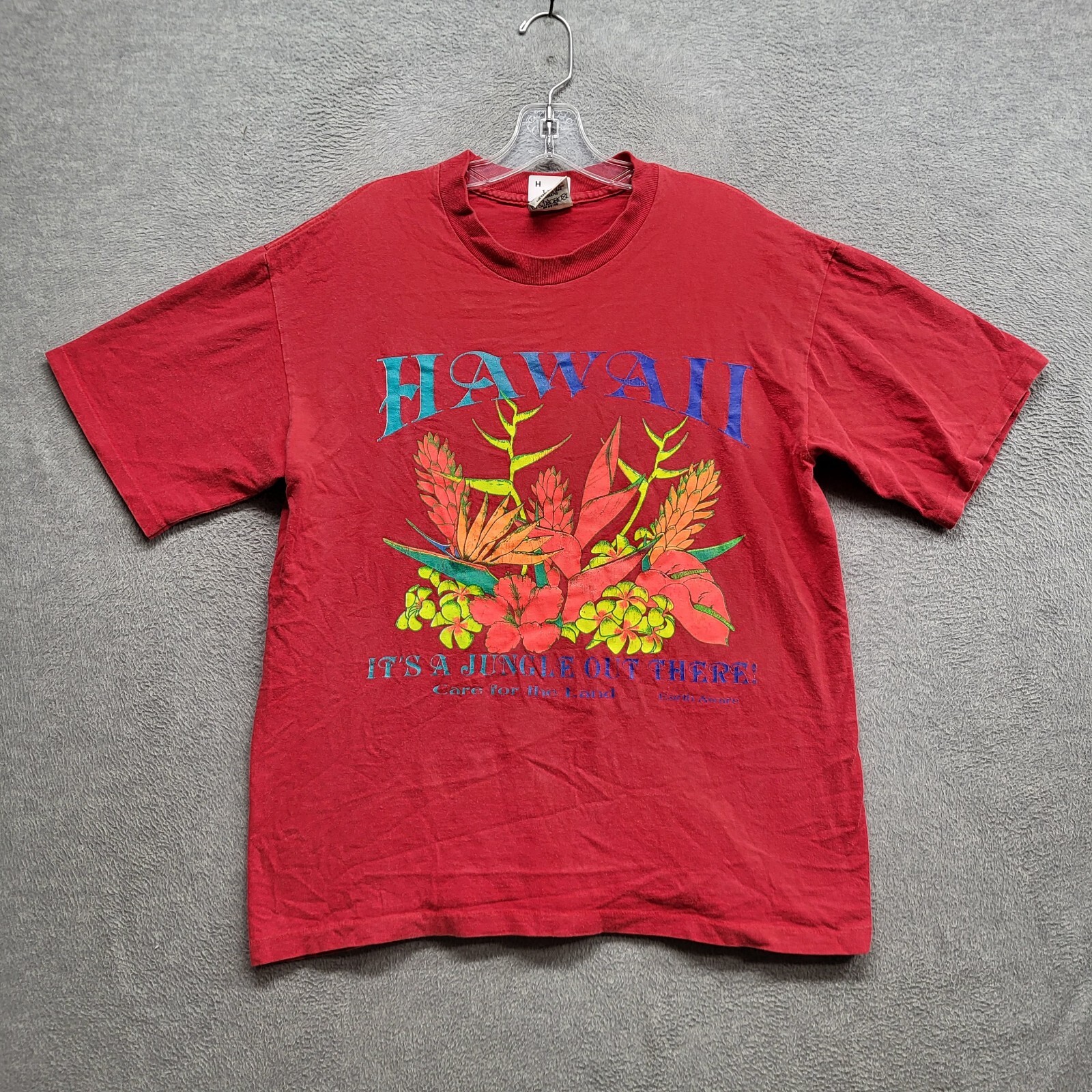 VINTAGE Hawaii Men Shirt Medium Red Flower Single Stitch 90s Care For The Land