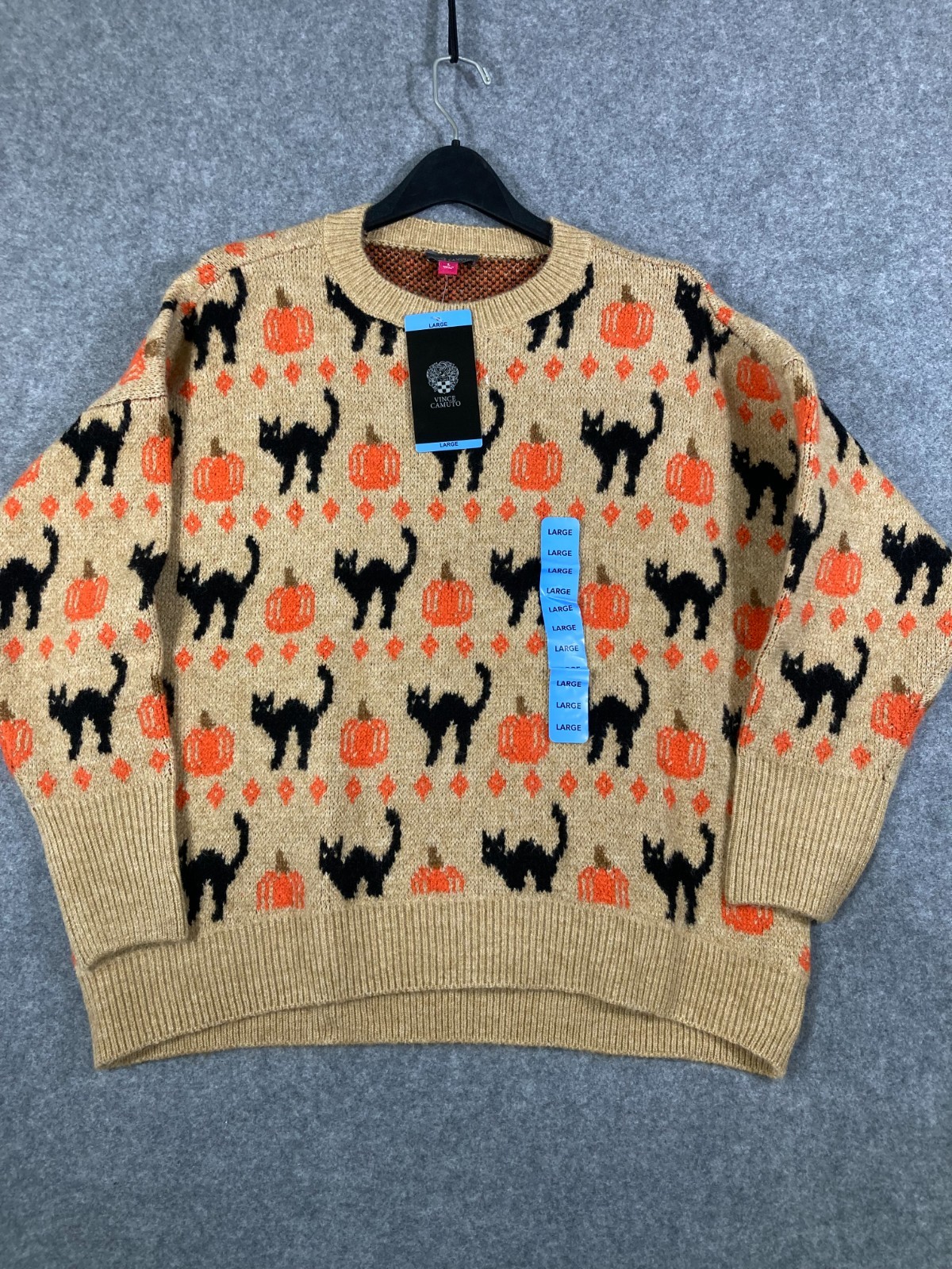 Vince Camuto Pullover Halloween Sweater Womens Large Tan Knit Crew Neck NWT Vince Camuto Pullover Halloween Sweater Womens Large Tan Knit Crew Neck NWT