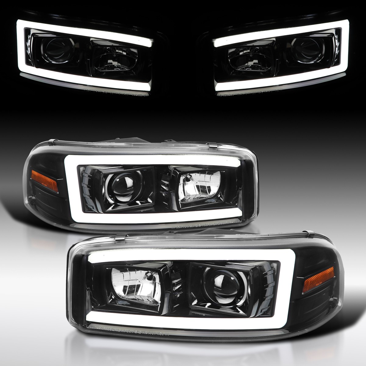 Fit 2000-2006 GMC Sierra 1500 Yukon Slick Black Projector Headlights LED Tube Fit 2000-2006 GMC Sierra 1500 Yukon Slick Black Projector Headlights LED Tube