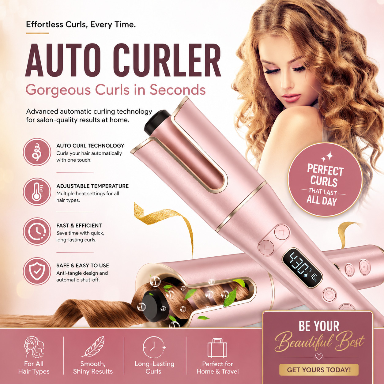 Automatic Hair Curler with LCD Display – 1” Rotating Barrel, 4 Heat Settings, 3 Automatic Hair Curler with LCD Display – 1” Rotating Barrel, 4 Heat Settings, 3