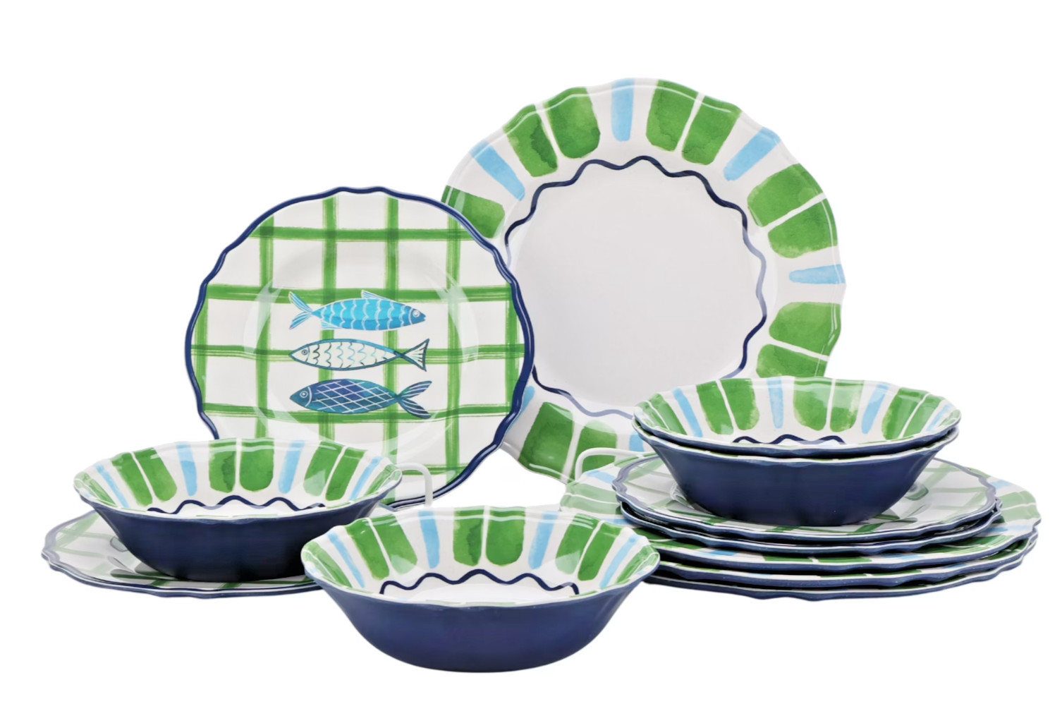 Beautiful 12-Piece Melamine Dinner Set, by Drew Barrymore Sardines New Beautiful 12-Piece Melamine Dinner Set, by Drew Barrymore Sardines New