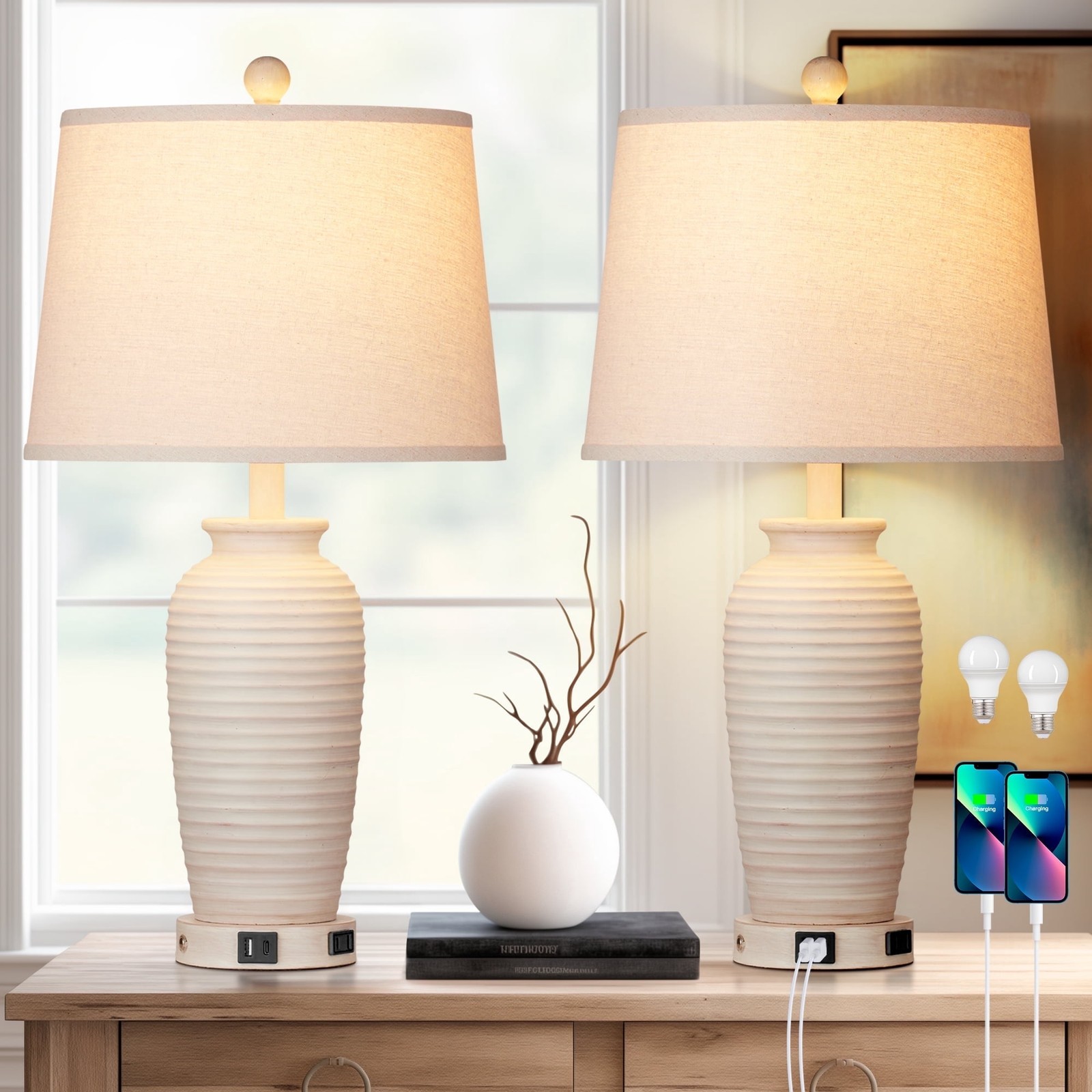 Cinkeda Farmhouse Jar Table Lamp Set of 2 with 3-Way Dimmable Touch Control, USB