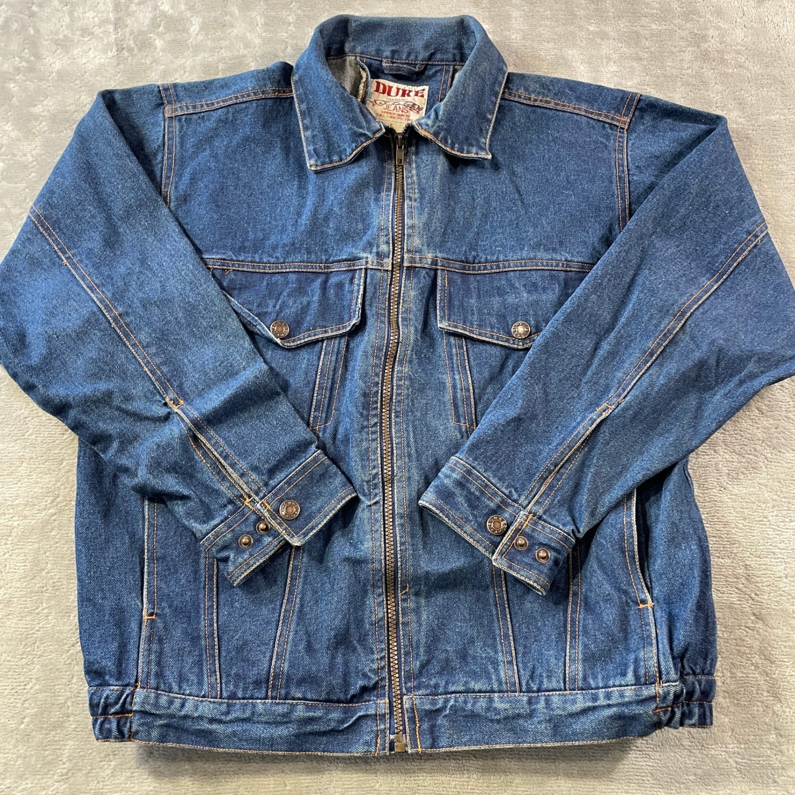 Vintage Duke Haband Trucker Denim Jacket Mens Medium Blue Full Zip Pockets 80s