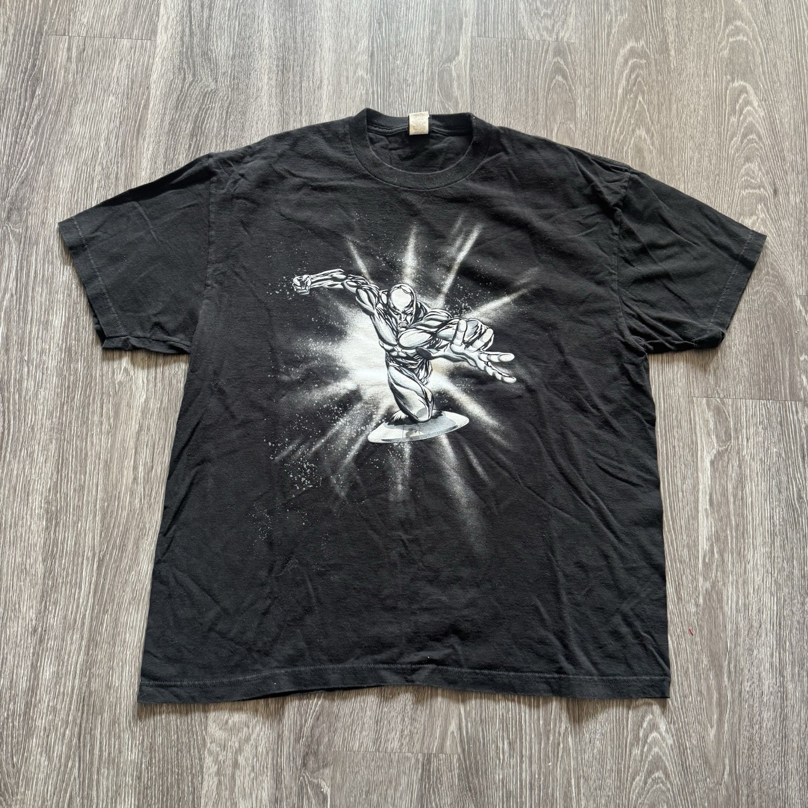 Vintage 2000s Marvel Silver Surfer T-Shirt XXL Mad Engine Y2K Black Faded Glow