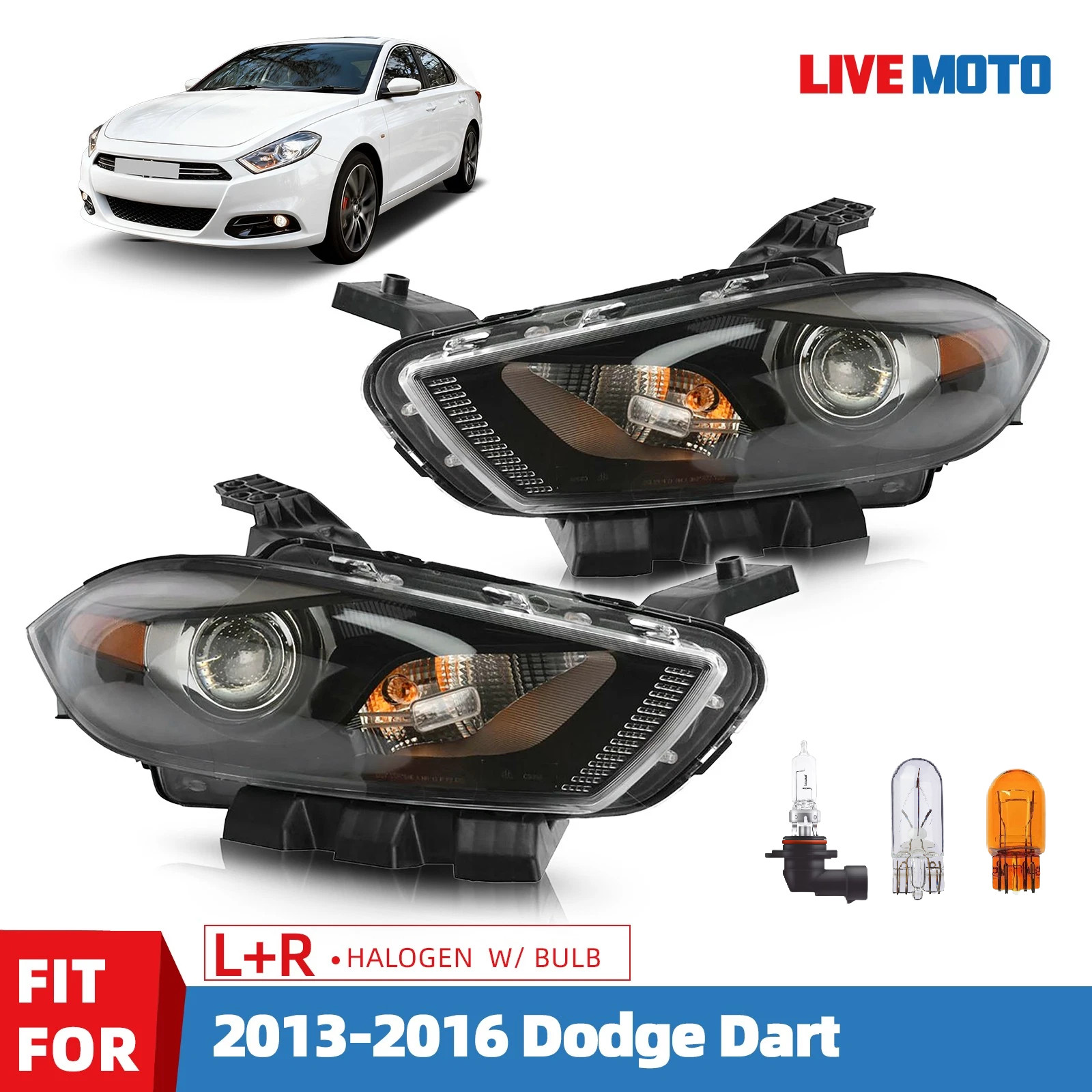 Halogen Headlight For 2013-2016 Dodge Dart w/Black Trim w/Bulb Left+Right Side Halogen Headlight For 2013-2016 Dodge Dart w/Black Trim w/Bulb Left+Right Side