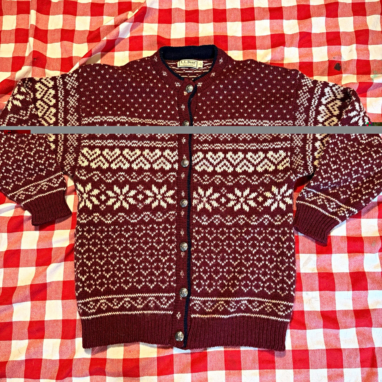 Vintage L.L.Bean Fair Isle Wool Knit Button Cardigan Sweater Mens L Burgundy