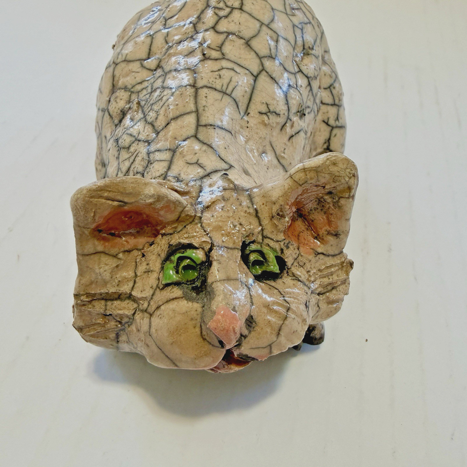 Whimsical Raku Pottery Crouching Cat OOAK Figurine Signed DOT 6\ Whimsical Raku Pottery Crouching Cat OOAK Figurine Signed DOT 6\
